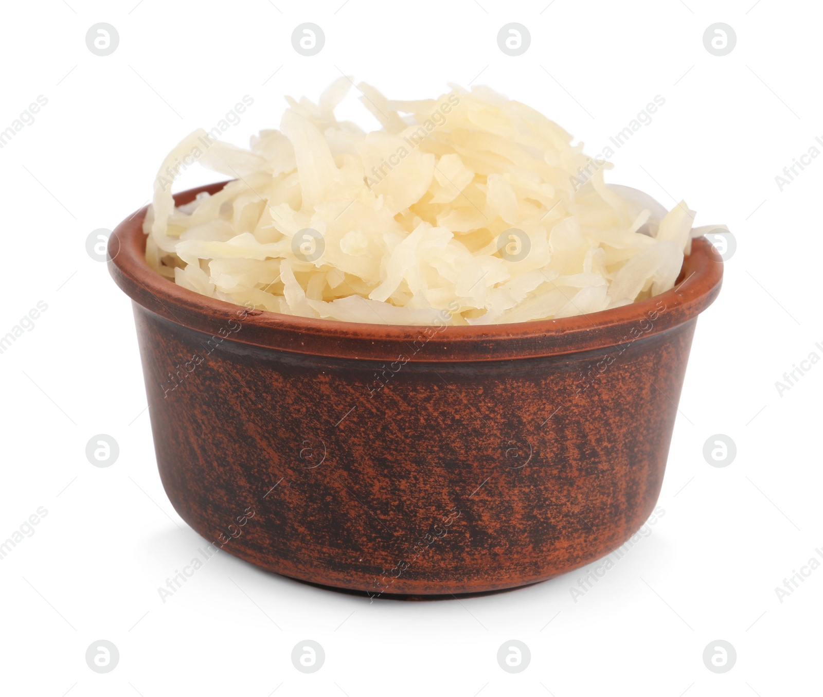 Photo of Bowl of tasty sauerkraut on white background