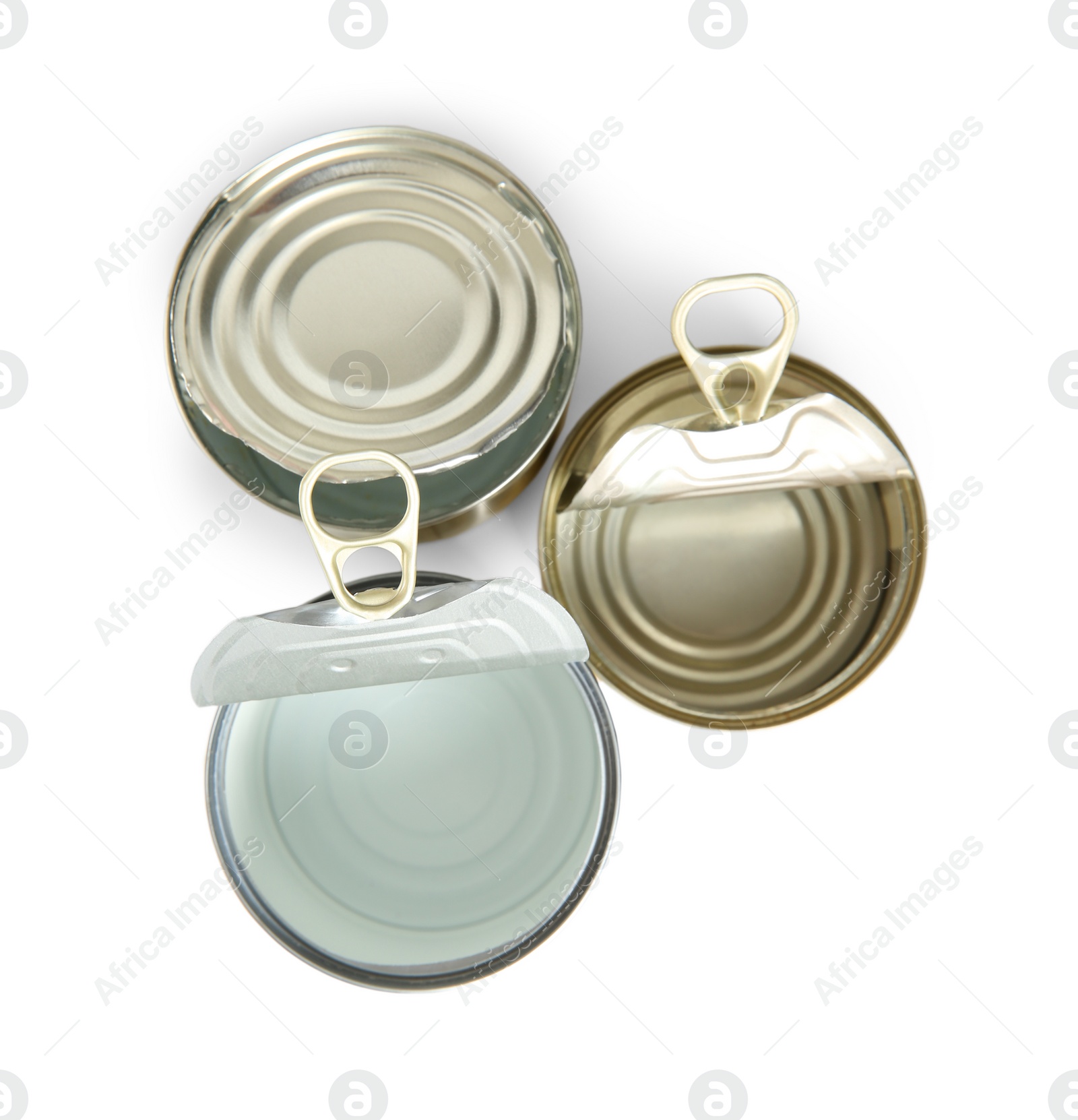 Photo of Open tin cans isolated on white, top view