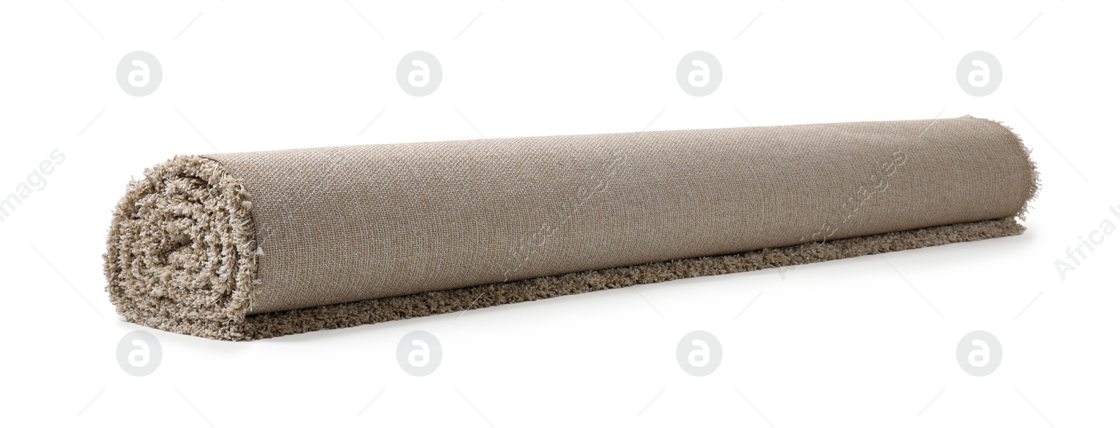 Photo of Rolled fuzzy carpet on white background. Interior element