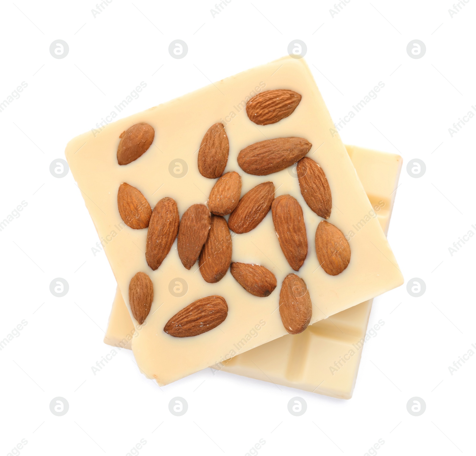 Photo of Delicious chocolate bars with nuts on white background