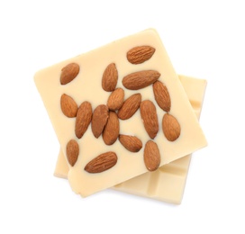 Delicious chocolate bars with nuts on white background