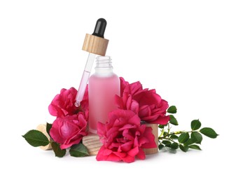 Photo of Bottle of rose essential oil, flowers and leaves on white background