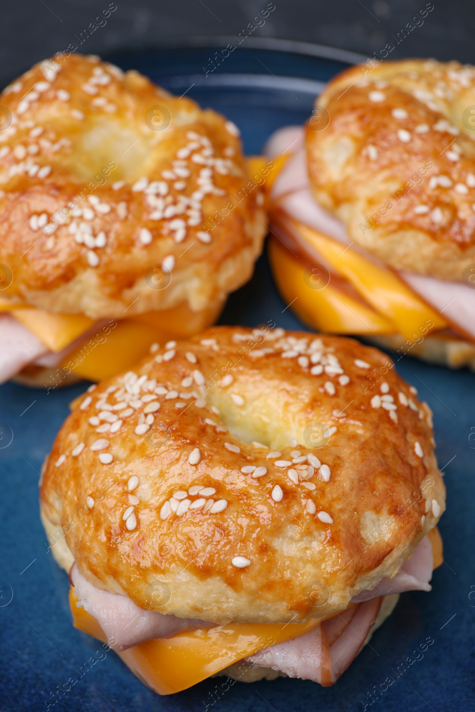 Delicious bagels with ham and cheese on plate, closeup Photo of Delicious bagels with ham and cheese on plate, closeup