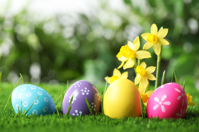 Photo of Colorful Easter eggs and daffodil flowers in green grass. Space for text