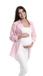 Happy pregnant woman holding her belly on white background