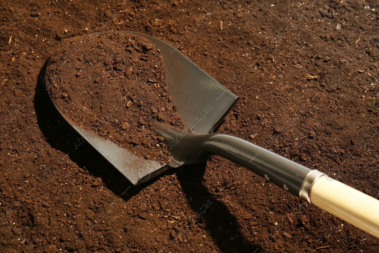 Metal shovel on fertile soil. Gardening tool Photo of Metal shovel on fertile soil. Gardening tool