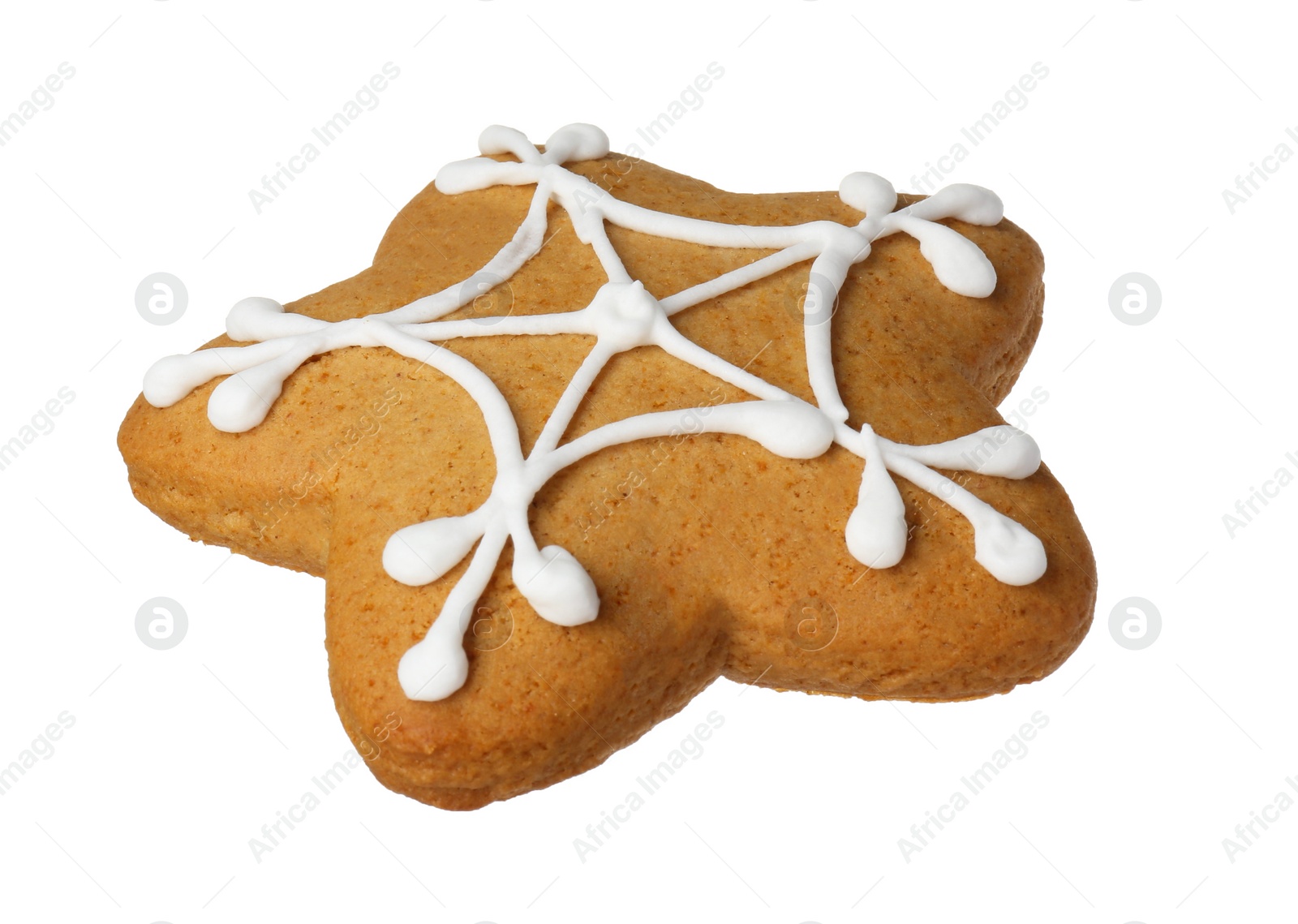 Photo of Tasty star shaped Christmas cookie with icing isolated on white