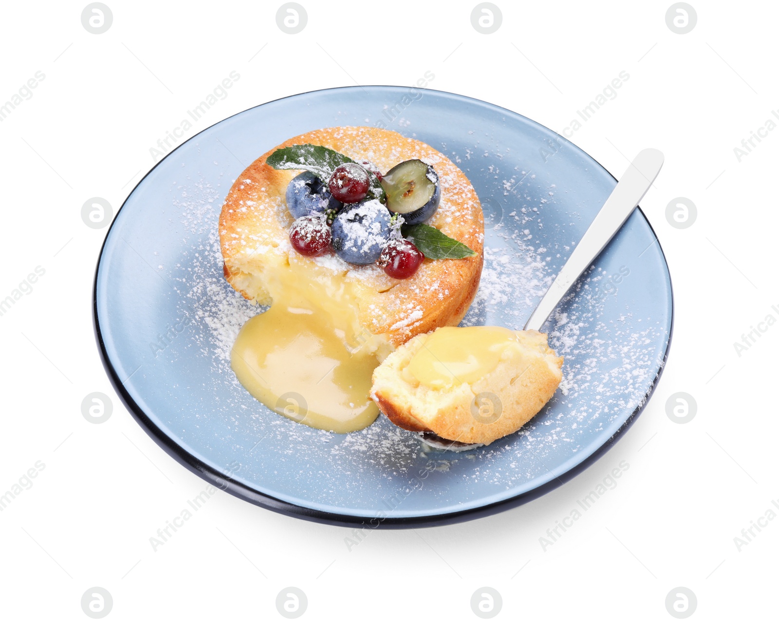 Photo of Tasty vanilla fondant with white chocolate and berries isolated on white