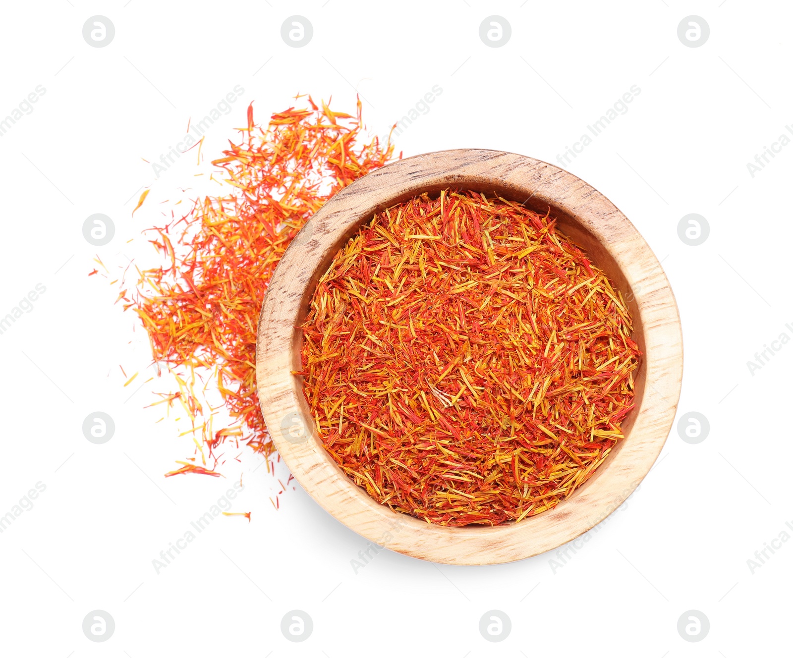 Photo of Aromatic saffron in bowl isolated on white, top view