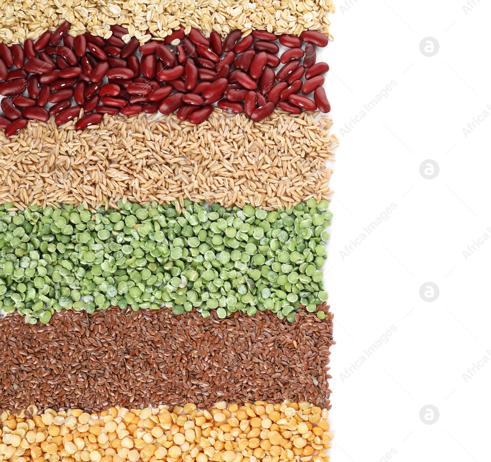 Photo of Different grains and cereals on white background, top view