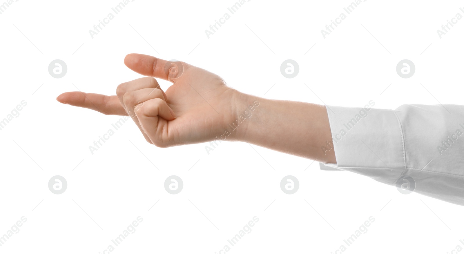 Photo of Woman pointing with index finger on white background, closeup. Responsibility concept