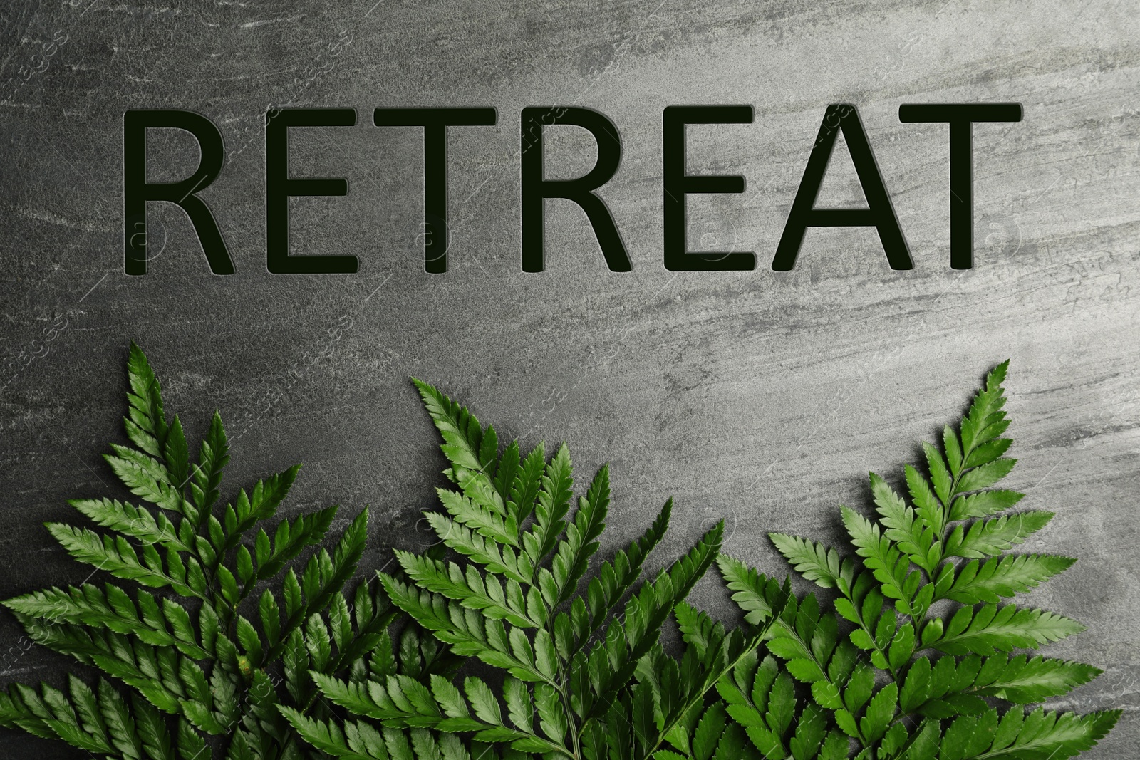 Image of Beautiful fern leaves and word Retreat on grey stone background, flat lay