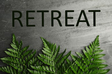 Image of Beautiful fern leaves and word Retreat on grey stone background, flat lay