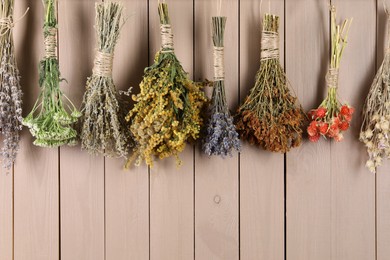 Photo of Bunches of different medicinal herbs hanging on wooden background. Space for text