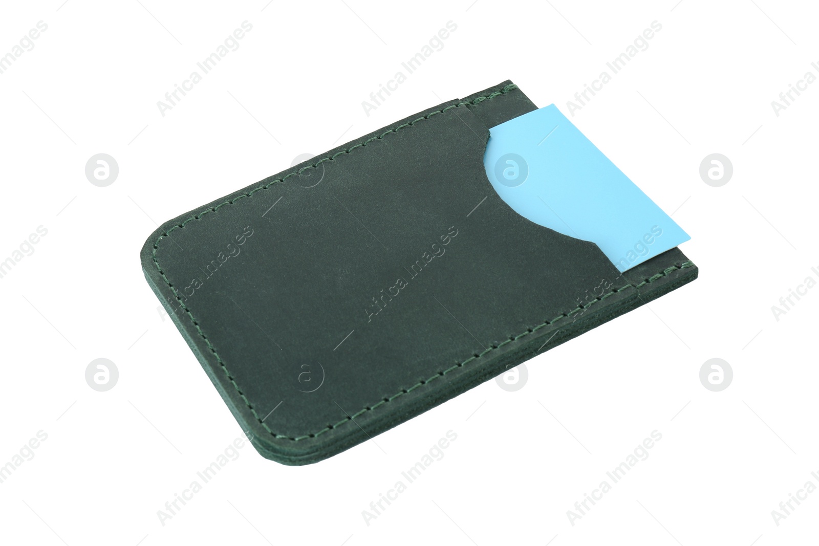 Photo of Leather business card holder with card isolated on white