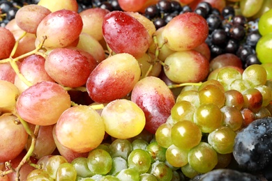 Photo of Fresh ripe juicy grapes with water drops as background, closeup