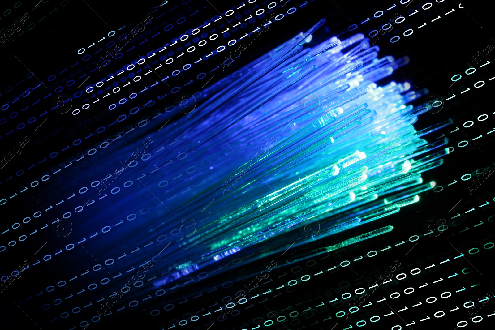 Image of Optical fiber strands and binary code on black background, double exposure