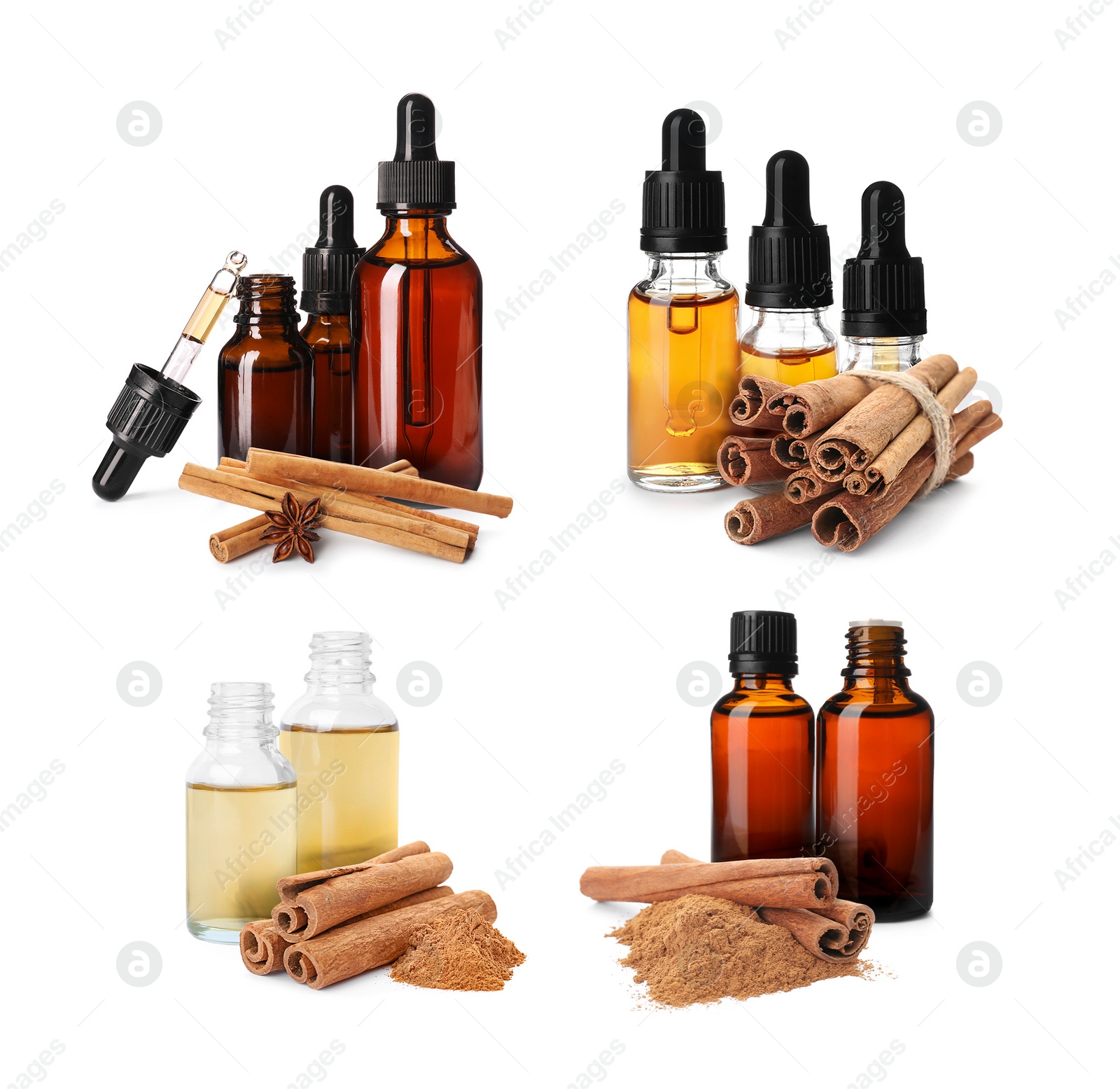 Image of Set with bottles of natural essential oil, dry cinnamon sticks and powder on white background