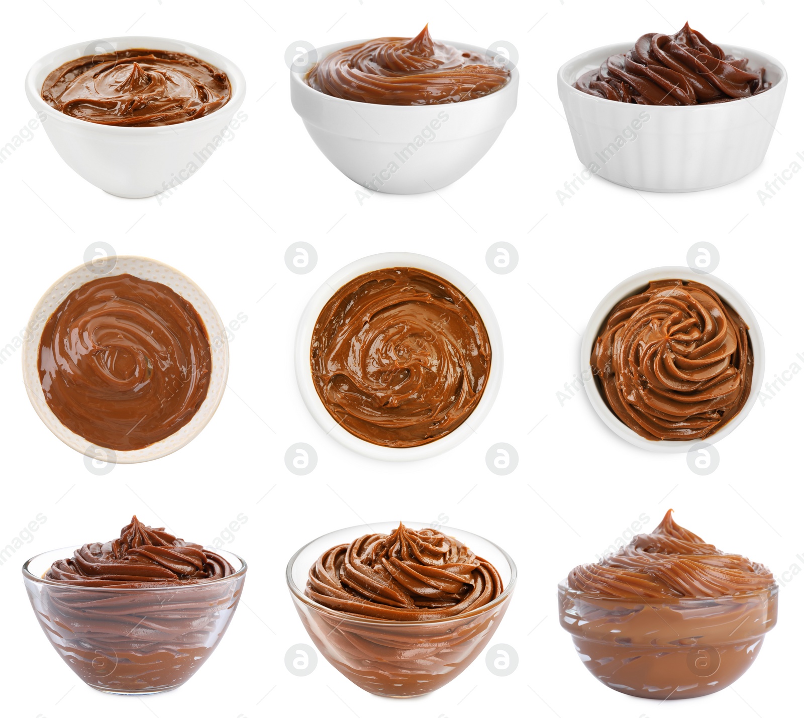 Image of Bowls with boiled condensed milk on white background, collage design