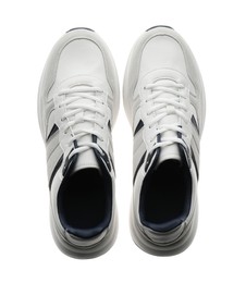Photo of Pair of stylish sneakers on white background, top view