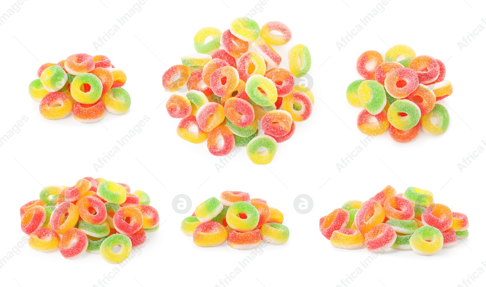 Image of Collage with gummy rings on white background. Jelly candies