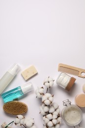 Photo of Bath accessories. Flat lay composition with personal care products on white background, space for text