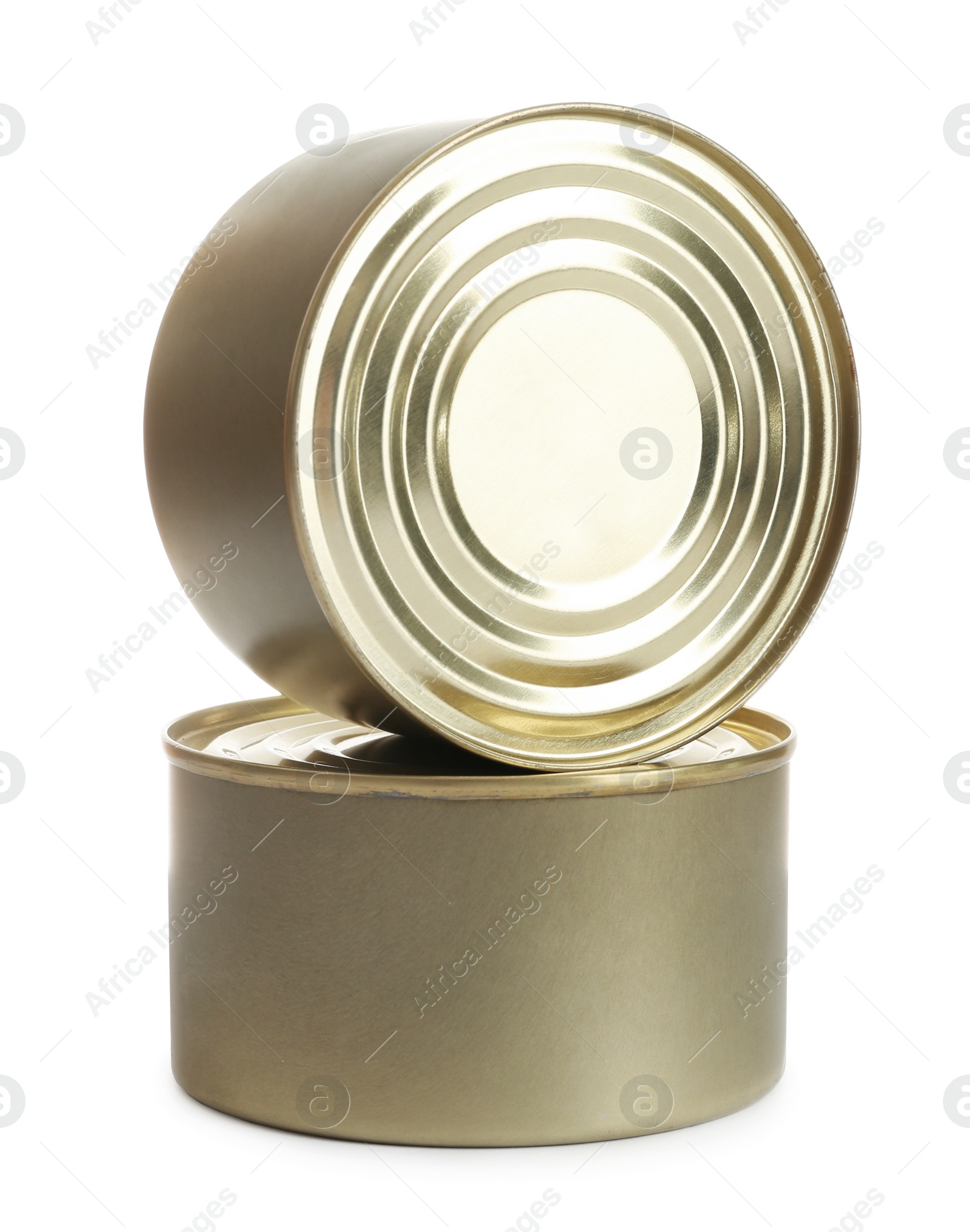 Photo of Closed tin cans isolated on white, mockup for design