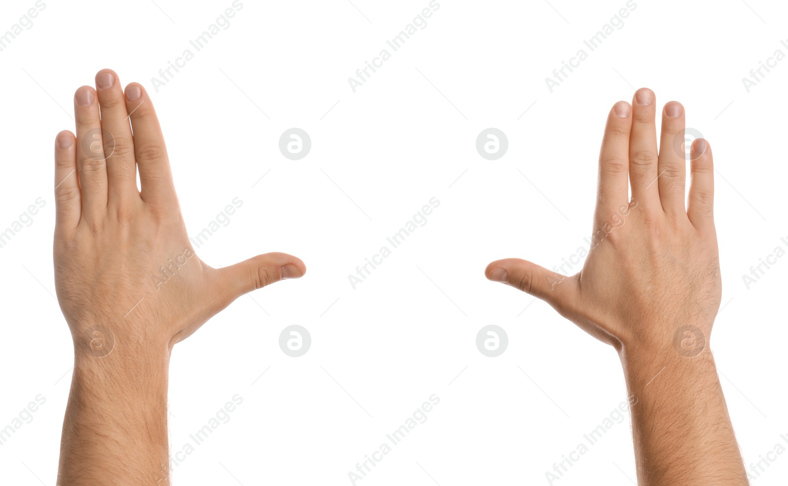 Photo of Man making frame with his hands on white background, closeup