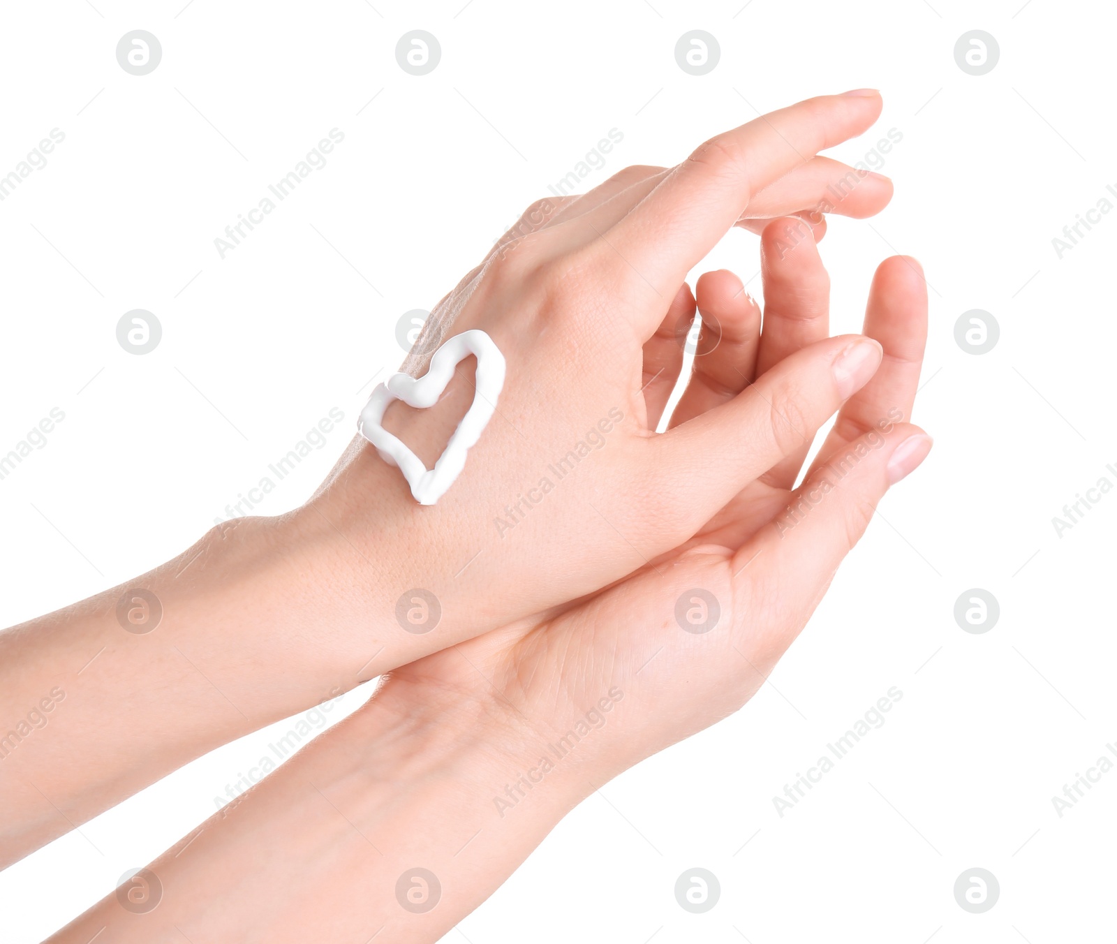 Photo of Young woman applying hand cream against on white background