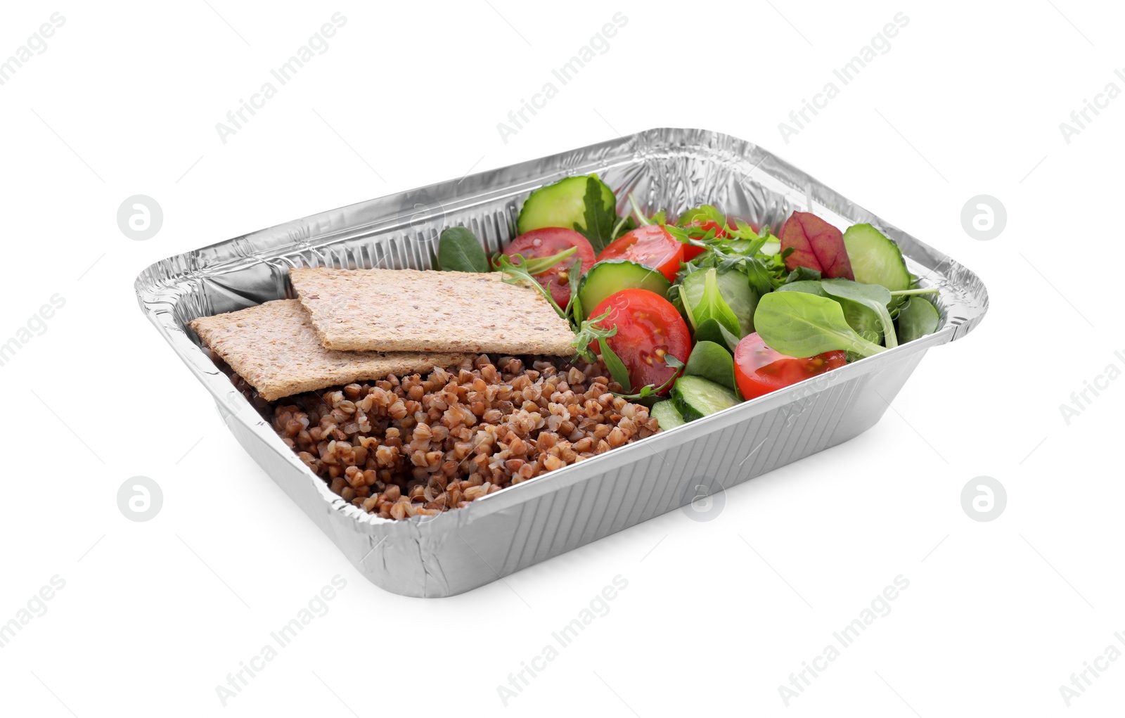 Photo of Container with buckwheat, fresh salad and crispbreads isolated on white