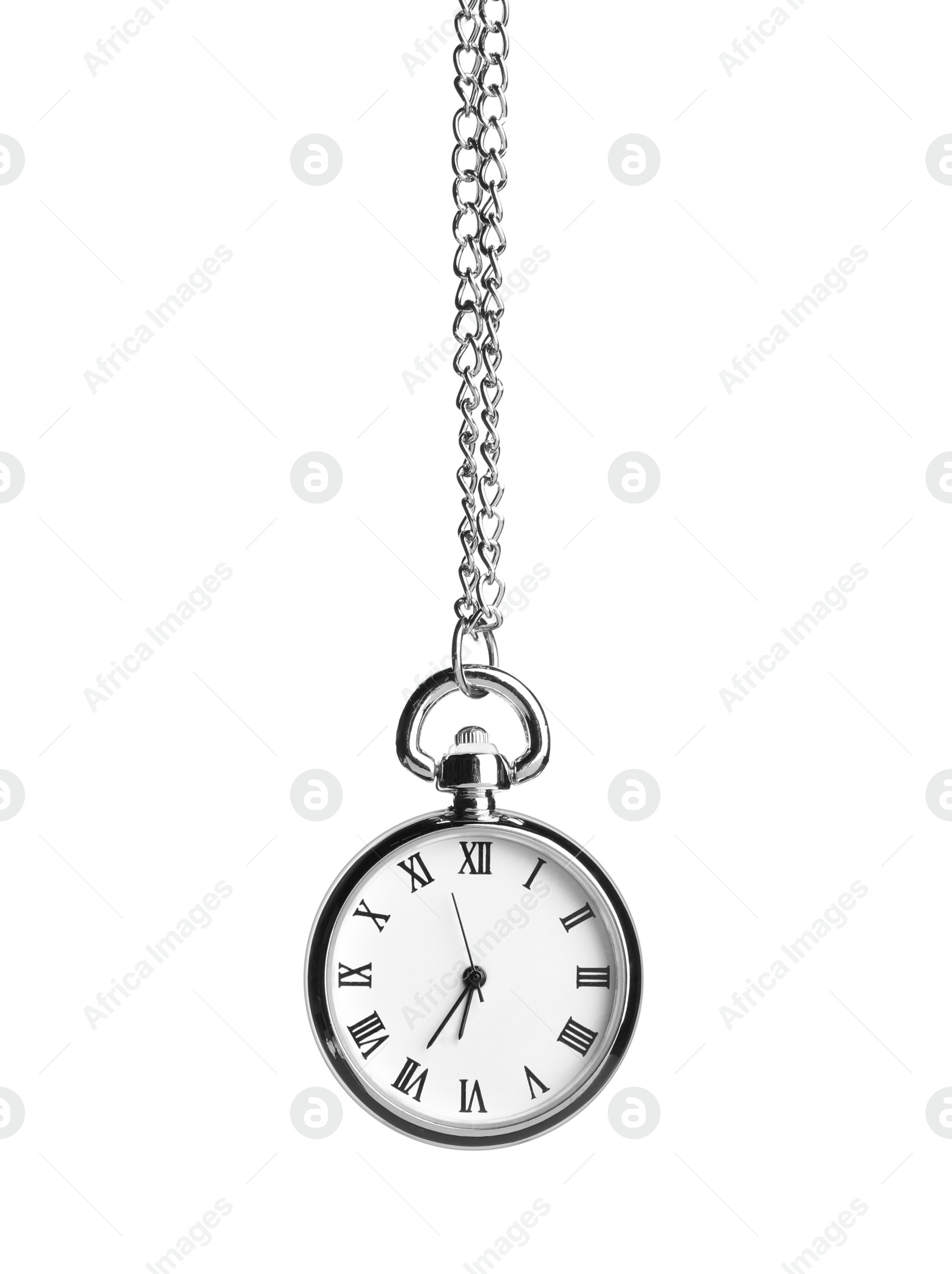 Photo of Beautiful vintage pocket watch with silver chain isolated on white. Hypnosis session