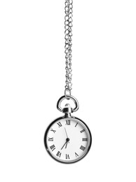 Photo of Beautiful vintage pocket watch with silver chain isolated on white. Hypnosis session
