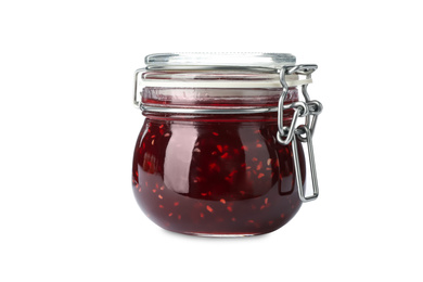 Photo of Jar of raspberry jam isolated on white