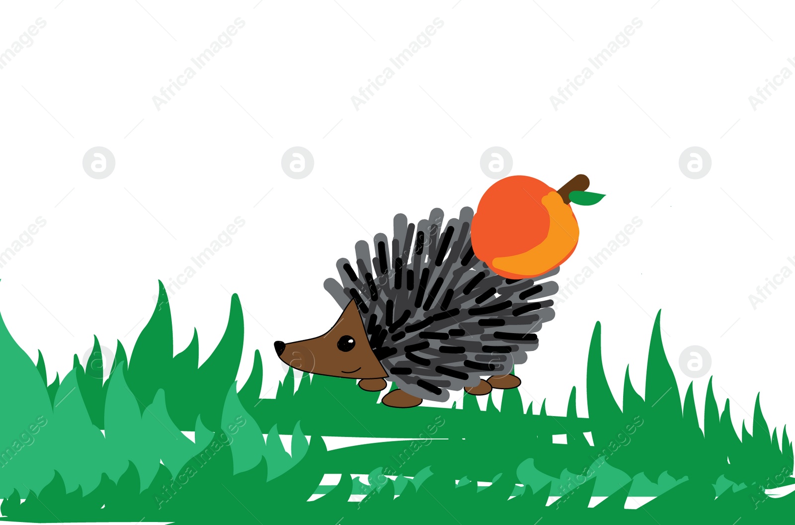 Illustration of Drawing of cute hedgehog with apple on green grass. Child art