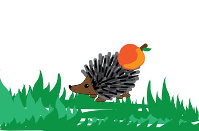 Illustration of Drawingcute hedgehog with apple on green grass. Child art