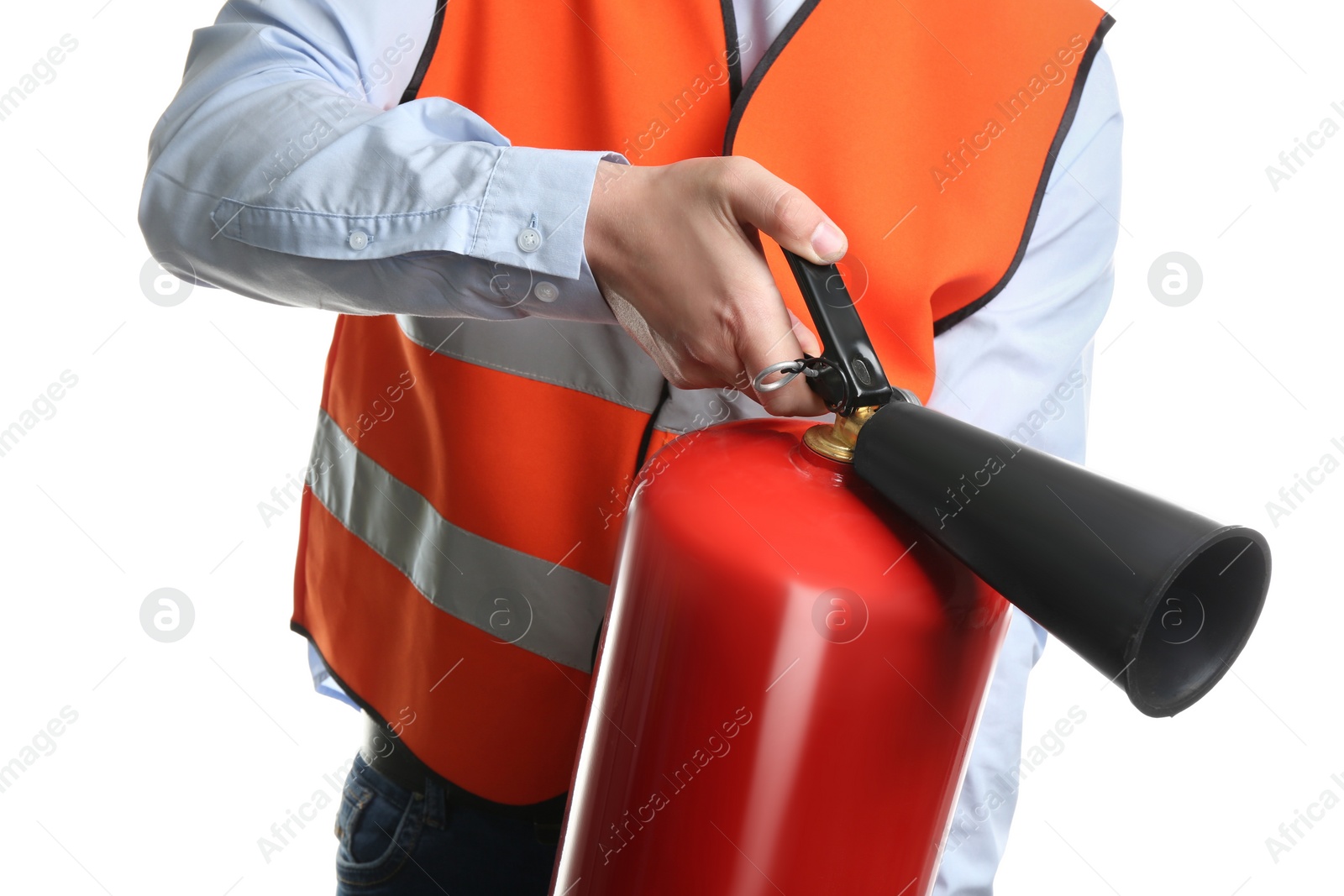 Photo of Worker using fire extinguisher on white background, closeup