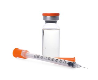 Disposable syringe with needle and vial isolated on white