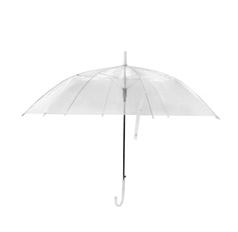 Photo of Open modern transparent umbrella isolated on white