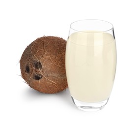 Photo of Glass of coconut water and nut isolated on white