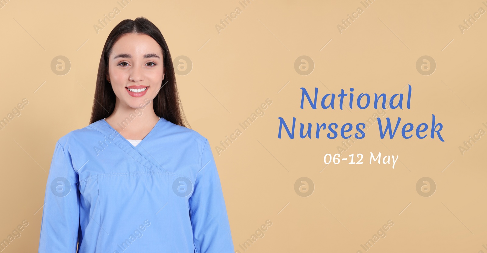 Image of National Nurses Week, May 06-12. Nurse in medical uniform on beige background, banner design