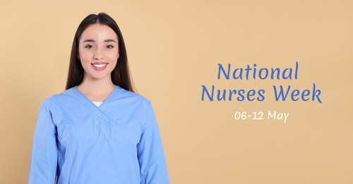 National Nurses Week, May 06-12. Nurse in medical uniform on beige background, banner design