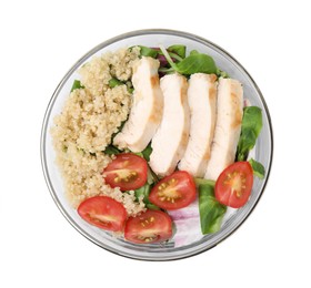 Delicious quinoa salad with chicken and cherry tomatoes in bowl isolated on white, top view