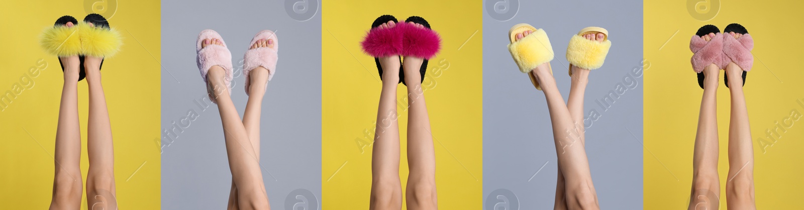 Collage with photos of women wearing stylish slippers on different color backgrounds, closeup. Banner design Image of Collage with photos of women wearing stylish slippers on different color backgrounds, closeup. Banner design