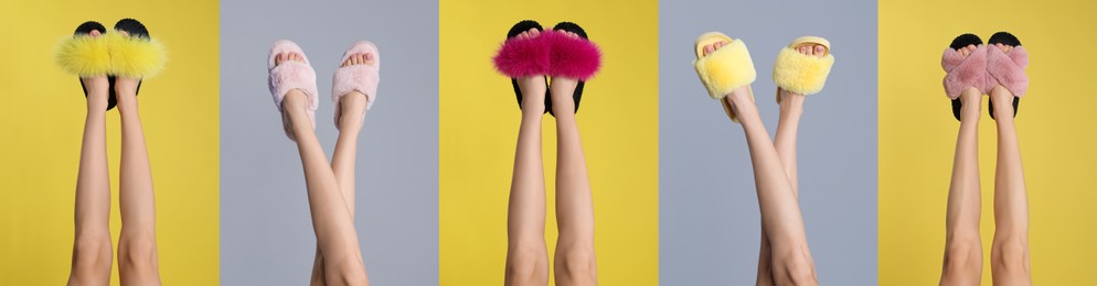 Image of Collage with photos of women wearing stylish slippers on different color backgrounds, closeup. Banner design