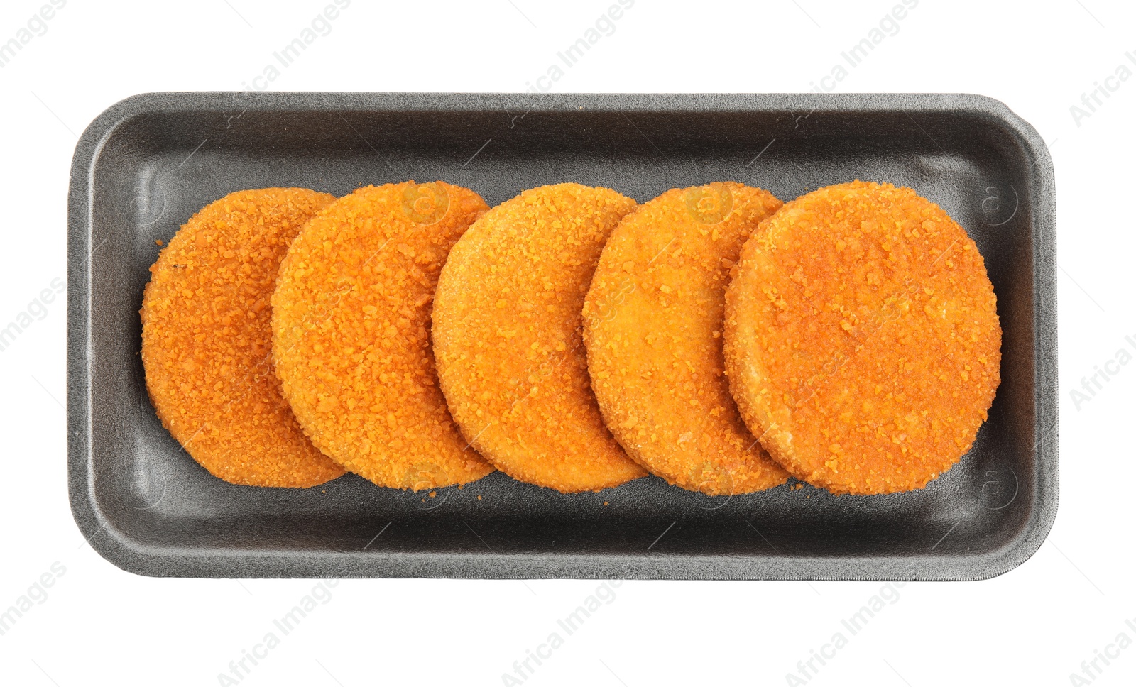 Photo of Uncooked breaded cutlets on white background, top view. Freshly frozen semi-finished product