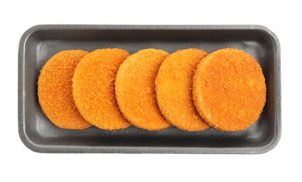 Uncooked breaded cutlets on white background, top view. Freshly frozen semi-finished product
