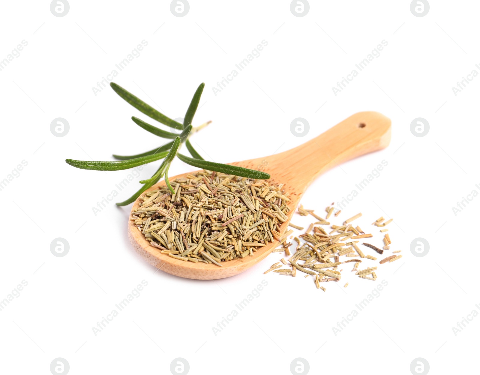 Photo of Wooden spoon with fresh and dry rosemary isolated on white