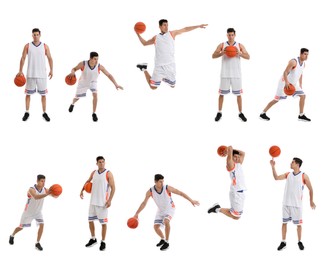 Image of Professional sportsman playing basketball on white background, collage