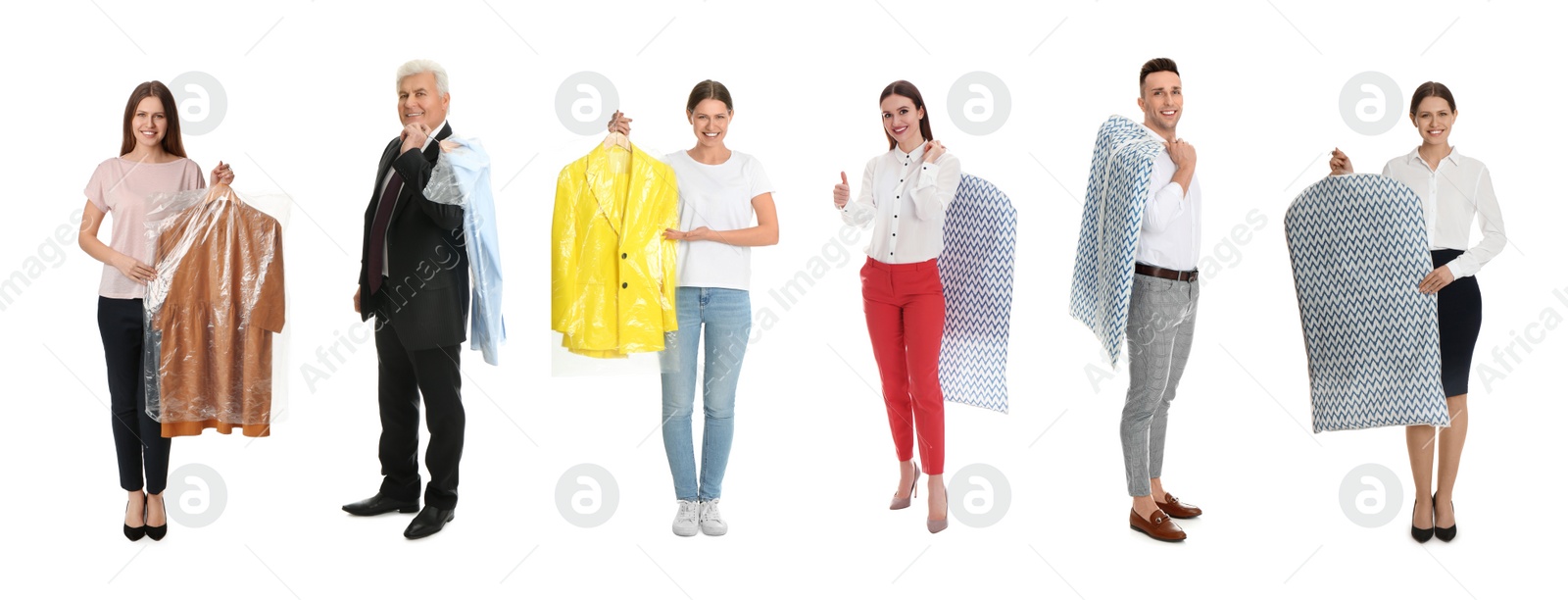 Image of Collage with photos of people holding clothes on white background, banner design. Dry-cleaning service