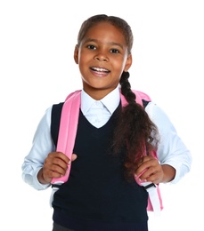 Photo of Happy African-American girl in school uniform on white background